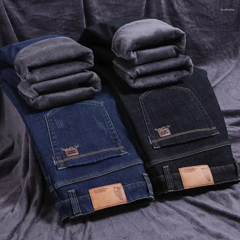 Calças de brim masculinas roupas de marca inverno quente lã homens negócios engrossar calças jeans estiramento fino ajuste calças plus size 28-40