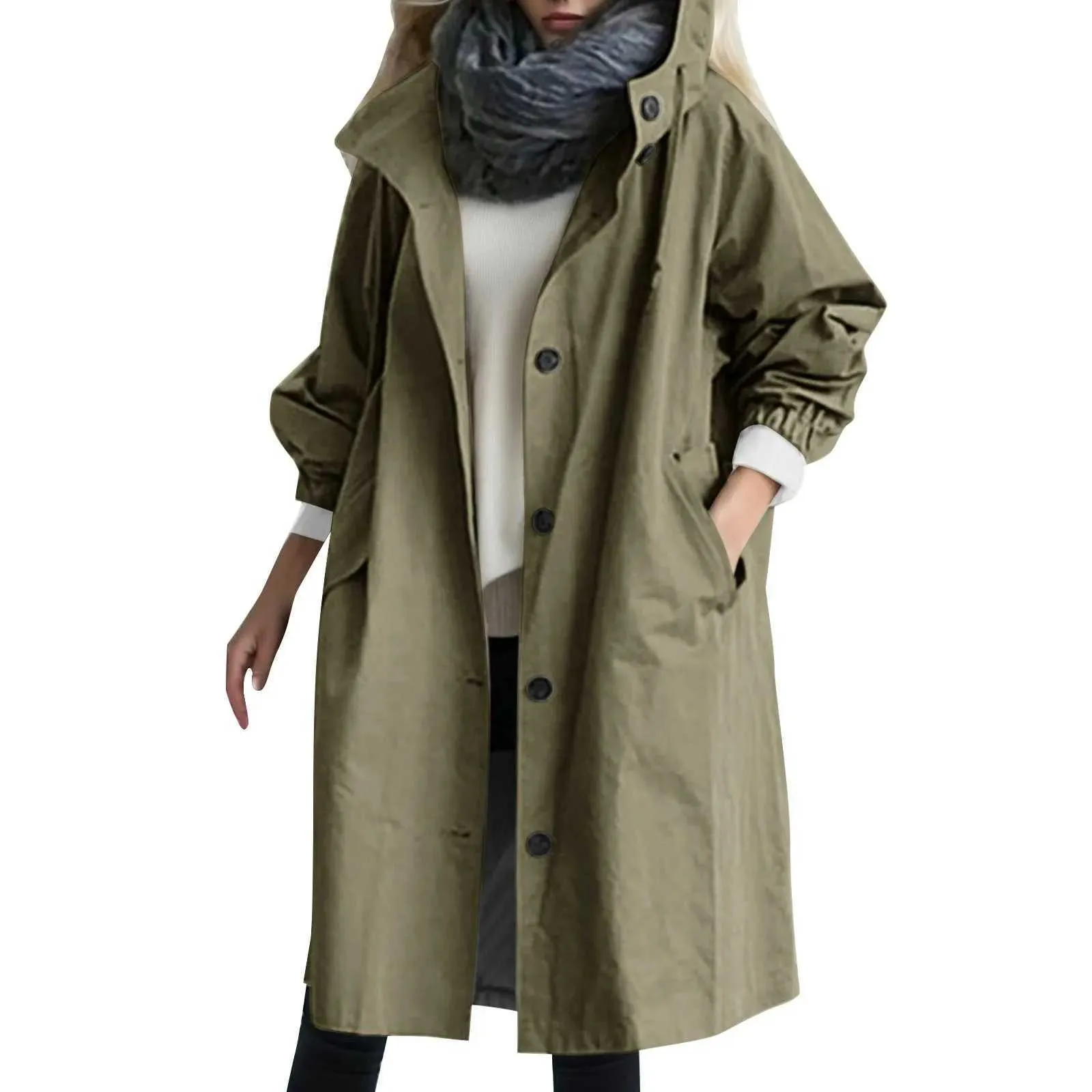 Moda 2024 mulheres trench jaquetas casaco coreano na moda casual com capuz médio longo casaco à prova de vento primavera outono fe casaco outwear 1 rst3