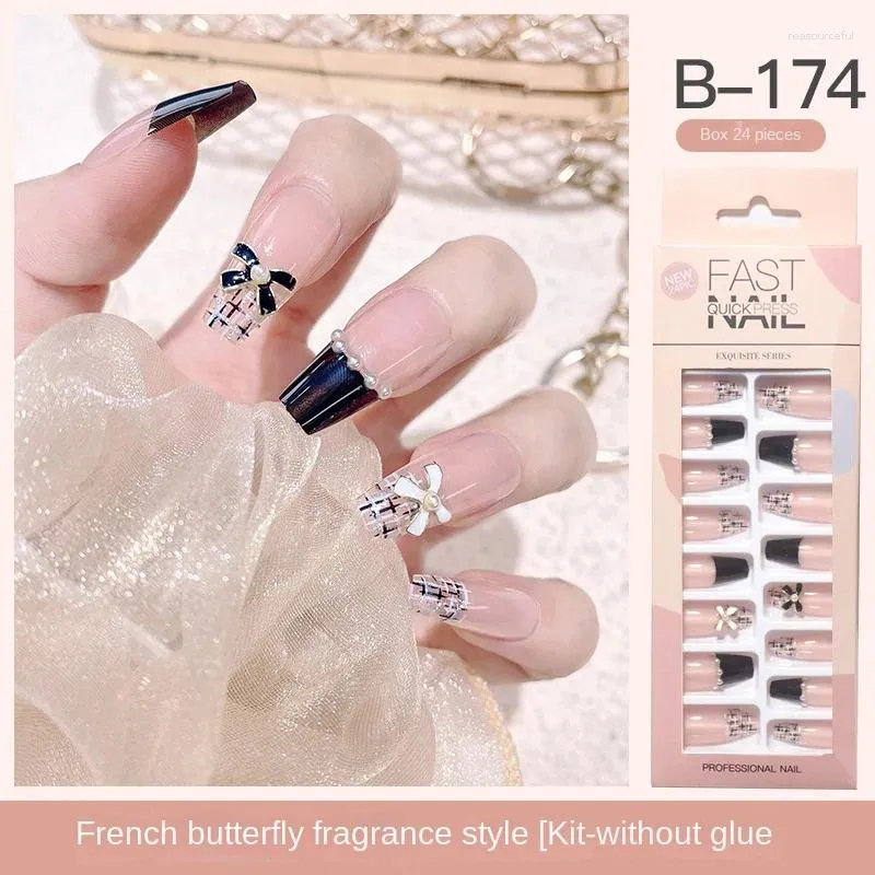 24pcs Fake Nails Press On Nails Y2k Korean False Nails Set Rhinestone  Wearable Artificial Nails Reusable Long Coffin French Tips - False Nails -  AliExpress