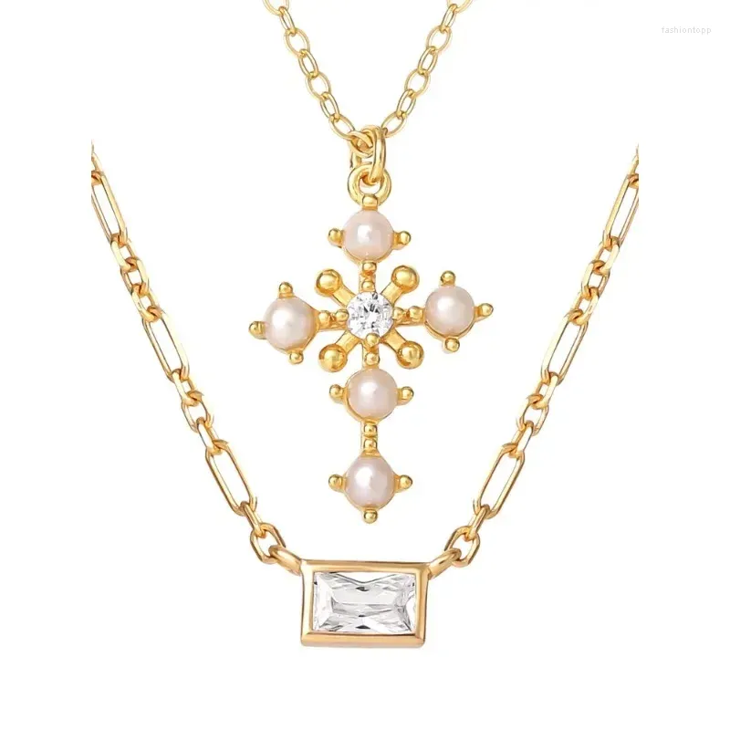 Pendant Necklaces Gold Plated Sterling Silver CZ And Pearl Cross Layering Necklace Set