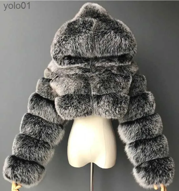Women's Fur Faux Fur Furry Cropped Faux Fur Coats Jackets Women Fluffy Top Coat Hooded Winter Fur Jacket YINGJIAMEIL231016
