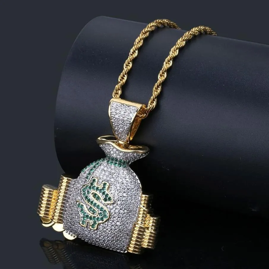 Hip Hop US Money Bag Stack Cash Coins Pendentif Colliers 18K Or Glacé Bling Cubique Zircon Colliers Hommes Charme Bijoux Cadeaux223N