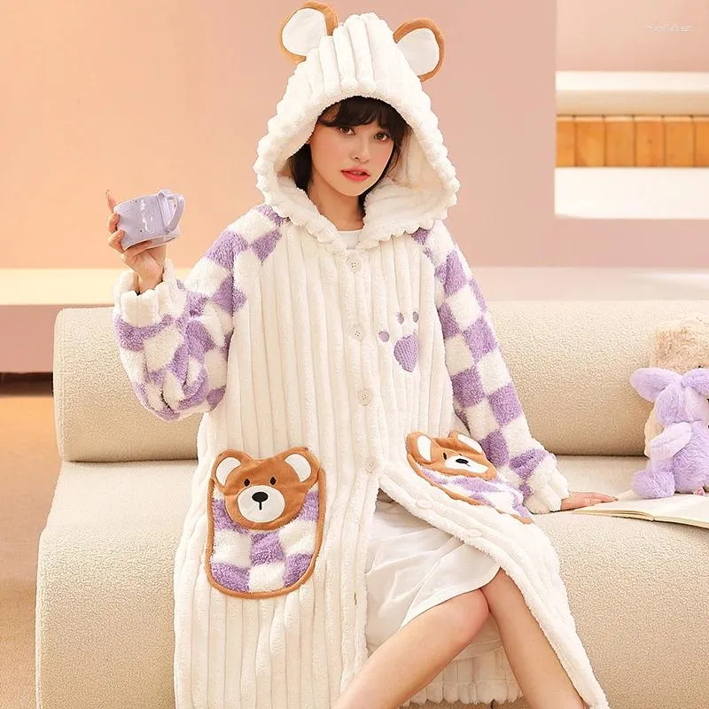 Kadın pijama sevimli ayı Kadınlar Gece-Rob Pijamaları Kış Kalın Kalın Kapüşonlu Nightgown Yumuşak Sıcak Gece Elbisesi Cepler Ladies Pijama