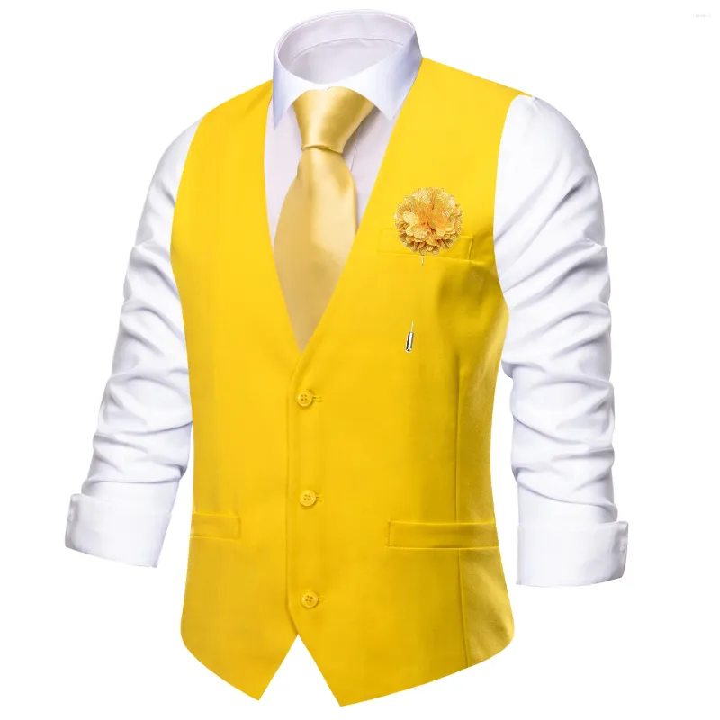 Män västar hi-slam män väst silk lyxig gul smal midja i solid nack slips hanky manschettknappar brosch set för kostym bröllopsfest designer