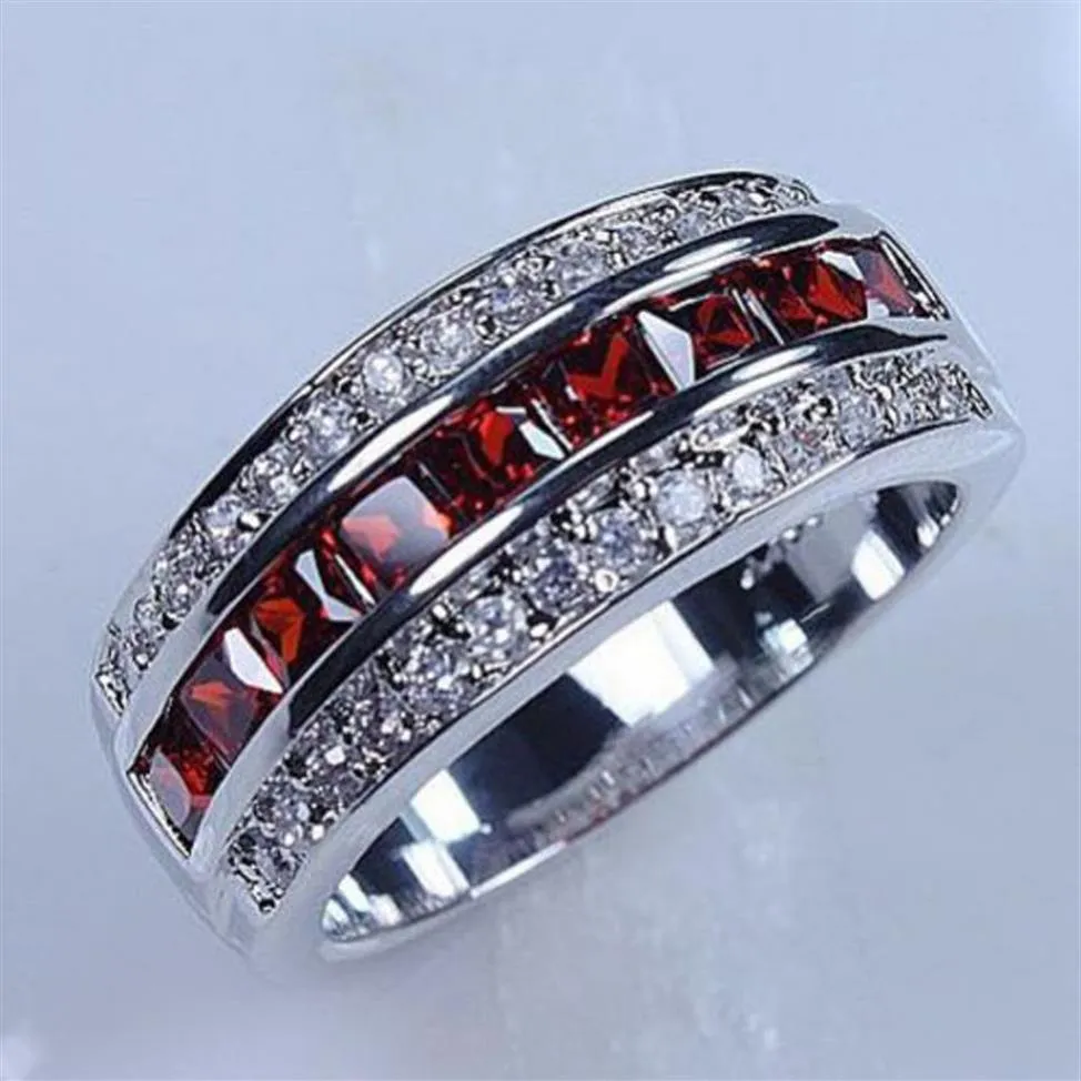 Victoria Wieck Luxury Jewelry 10kt White Gold Filled Red Garnet Simulated Diamond Wedding Princess Bridal Rings for Men Gift Size 310e