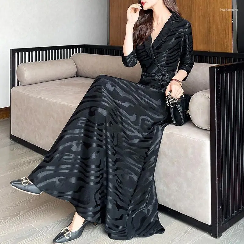 2023 Women's Casual Print Long Sleeve Autumn Fashion Korean Solid Notched Party Dress