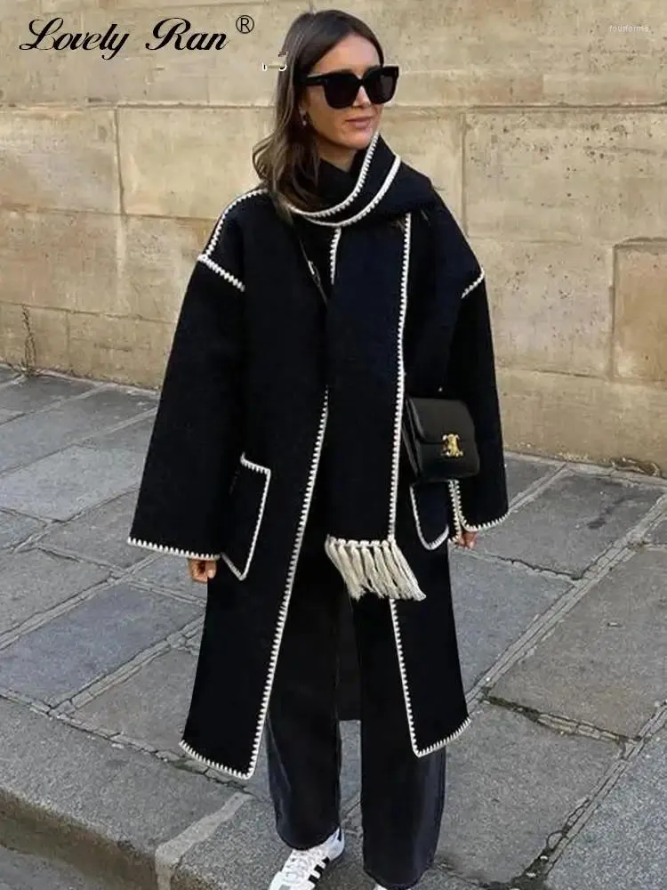 Kvinnors jackor eleganta kvinnor överrock med halsduk mode lång ärm varma rockar för 2023 höst vinter lös maxi lady coat