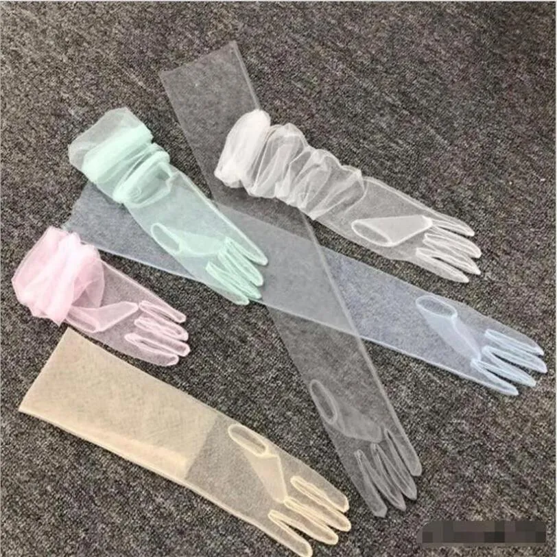Cinq doigts gants 70cm de long bricolage tulle plaine visage robe de mariée transparente sexy2570