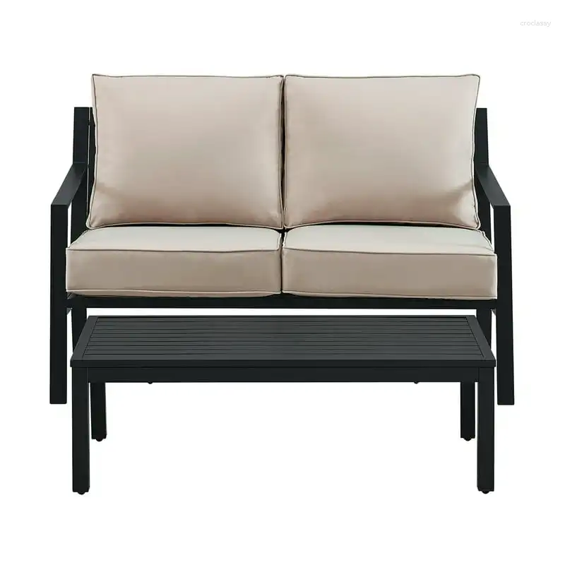 Bowls Back Upholstered Outdoor Loveseat And Coffee Table Set In Black / Beige (Component 2 Of 2)