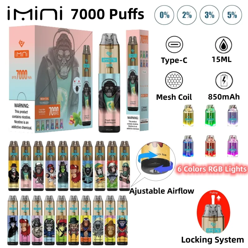 IMINI BOX 7K PULD 7000 10000 E Cigarett Puff Vape Disponible Puff 9000 Tornado 9K Bar uppladdningsbart batteri 0% 2% 3% 5% VAPE PEN KIT Förordnad vagnar POD 12K Puff Distributörer