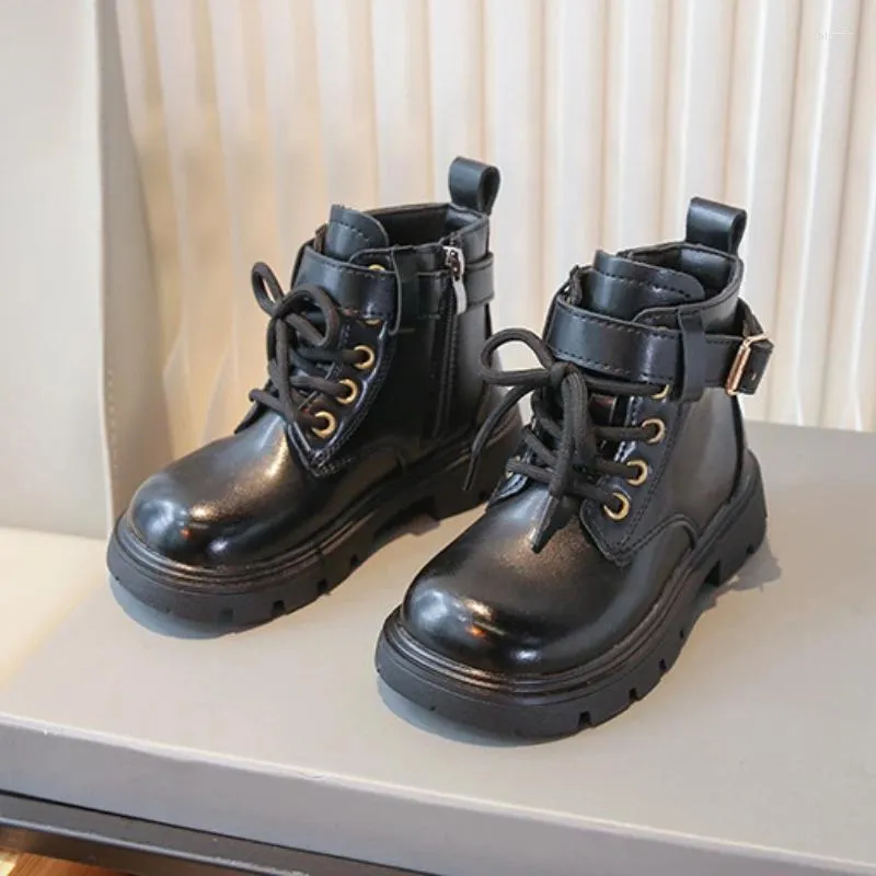 Bottes enfants en cuir court Style britannique automne semelle épaisse casual noir pour fille enfants mode chaussures à bout rond