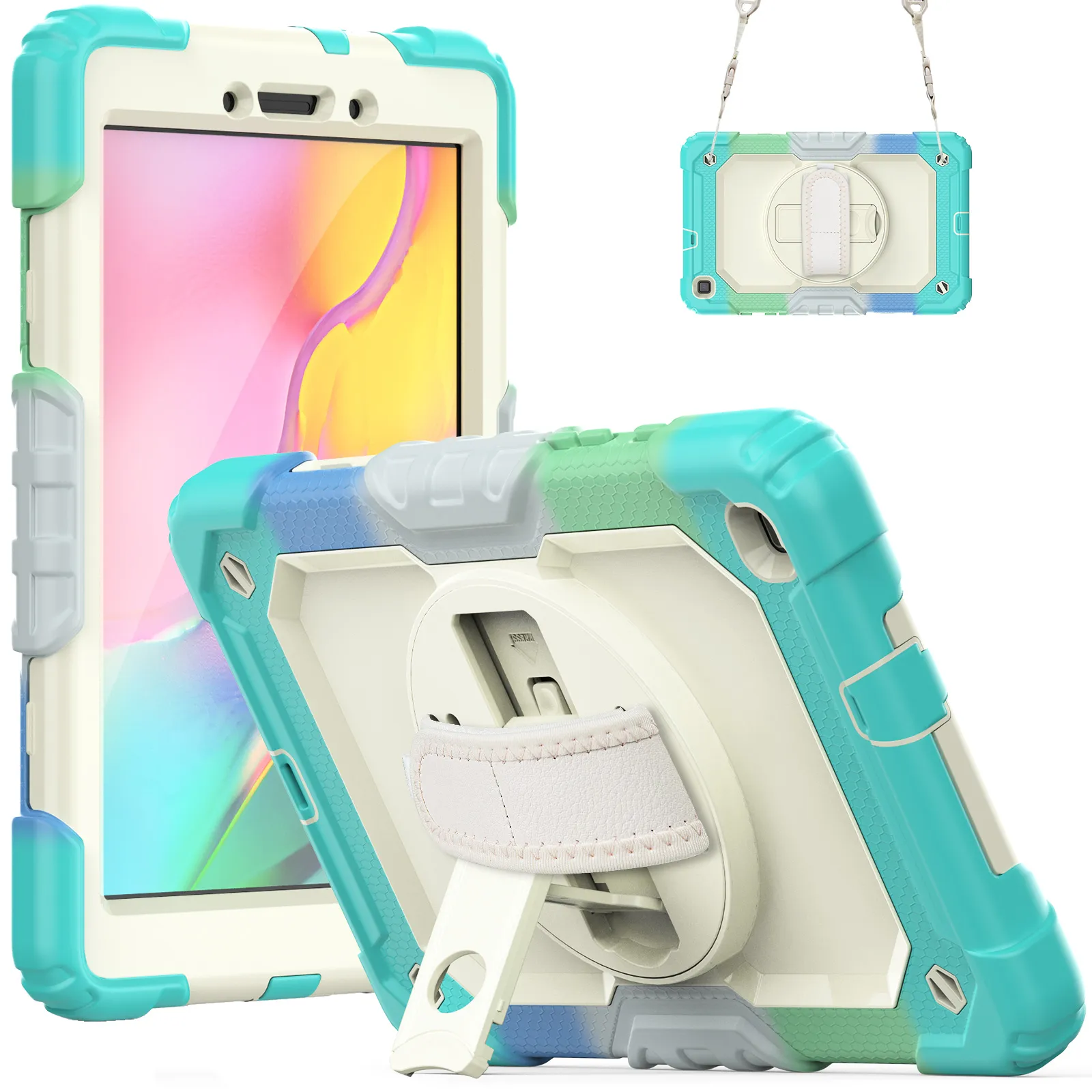 For Samsung Galaxy Tab A 8.0 8.4 inch Kids Shockproof Cases Heavy Duty Rugged Silicone Kickstand Hand Strap Tablet Cover Case with PET Screen Protector Shoulder Straps