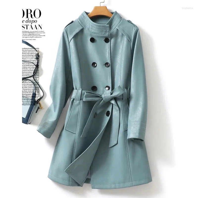 Couro feminino azul real trench coat para mulher duplo breasted rendas cinto de pele de carneiro outwear 2023 gola senhoras pele de cordeiro