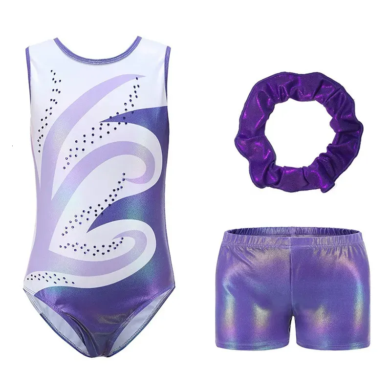 Gymnastic Rings Gymnastic Suit With Body Shorts Hair Band Kids Girls Patchwork Printed Leotard Sleeveless Jersey Jumpsuit Tracksuit Gym Suit 231016