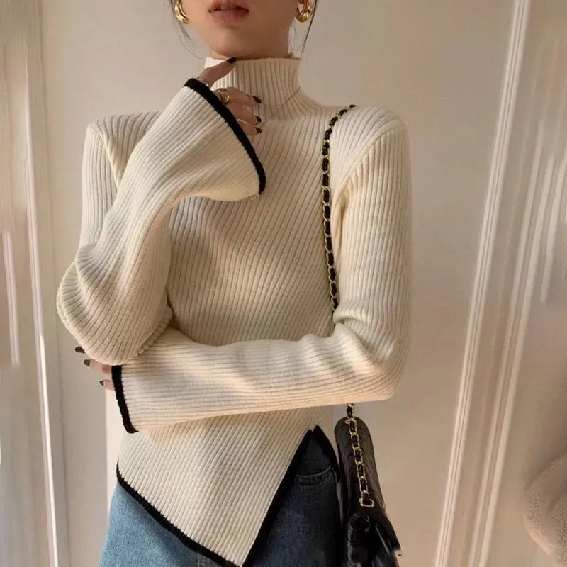 여성의 스웨터 패션 여성 터틀넥 스웨터 가을 겨울 단색 슬림 기준 롱 슬리브 풀오버 사무실 숙녀 의류 231016