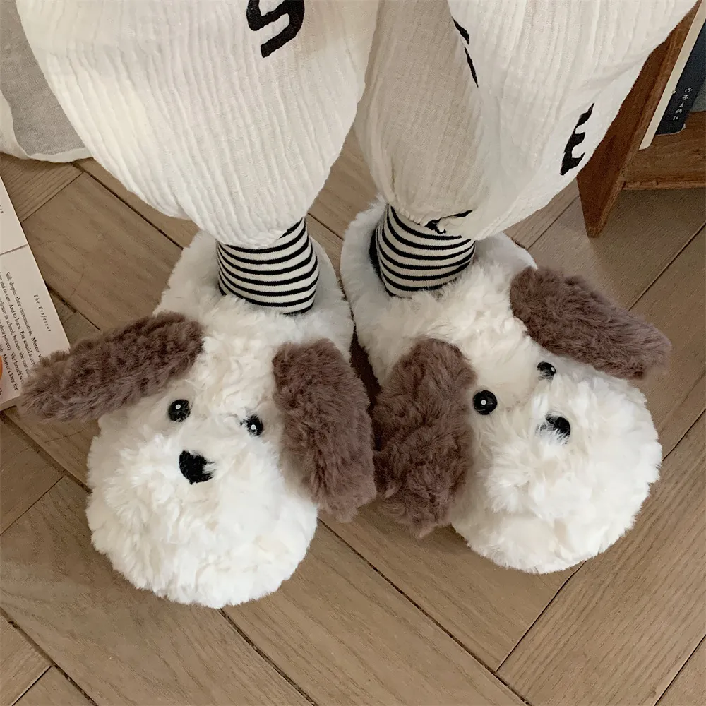 Inverno estilo bonito animal chinelos de pelúcia casa slides para homens mulher cáqui sapatos cães de orelhas compridas quente macio chinelo ajuste presente meninas tamanho 36-41