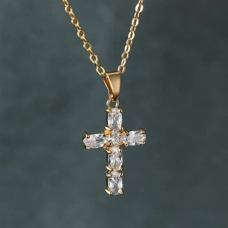 Ожерелья с подвесками, цельное ожерелье с крестом Иисуса для женщин, роскошные цепочки с кристаллами розового золота, серебра, свадебные украшения Gift203a
