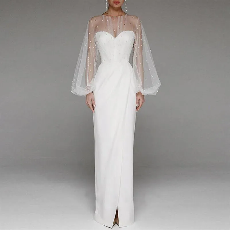 Casual Dresses Evening Party Dress Women Elegant Puff Sleeve White Formal High midje Split Hollow Out Mesh Prom Wedding Long Maxi211s