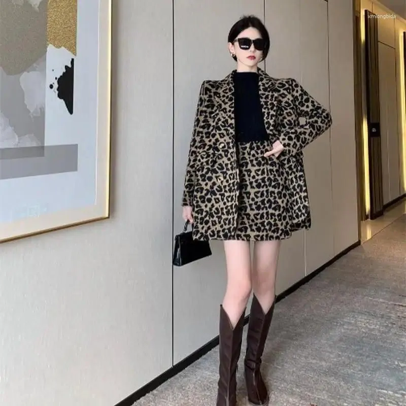 Two Piece Dress Two Piece Dress Autumn Winter 2 Pcs Set Leopard Print Color Faux Fur LOOSE Coat Women Long Thick Warm Jackets High Waist Skirt Suit