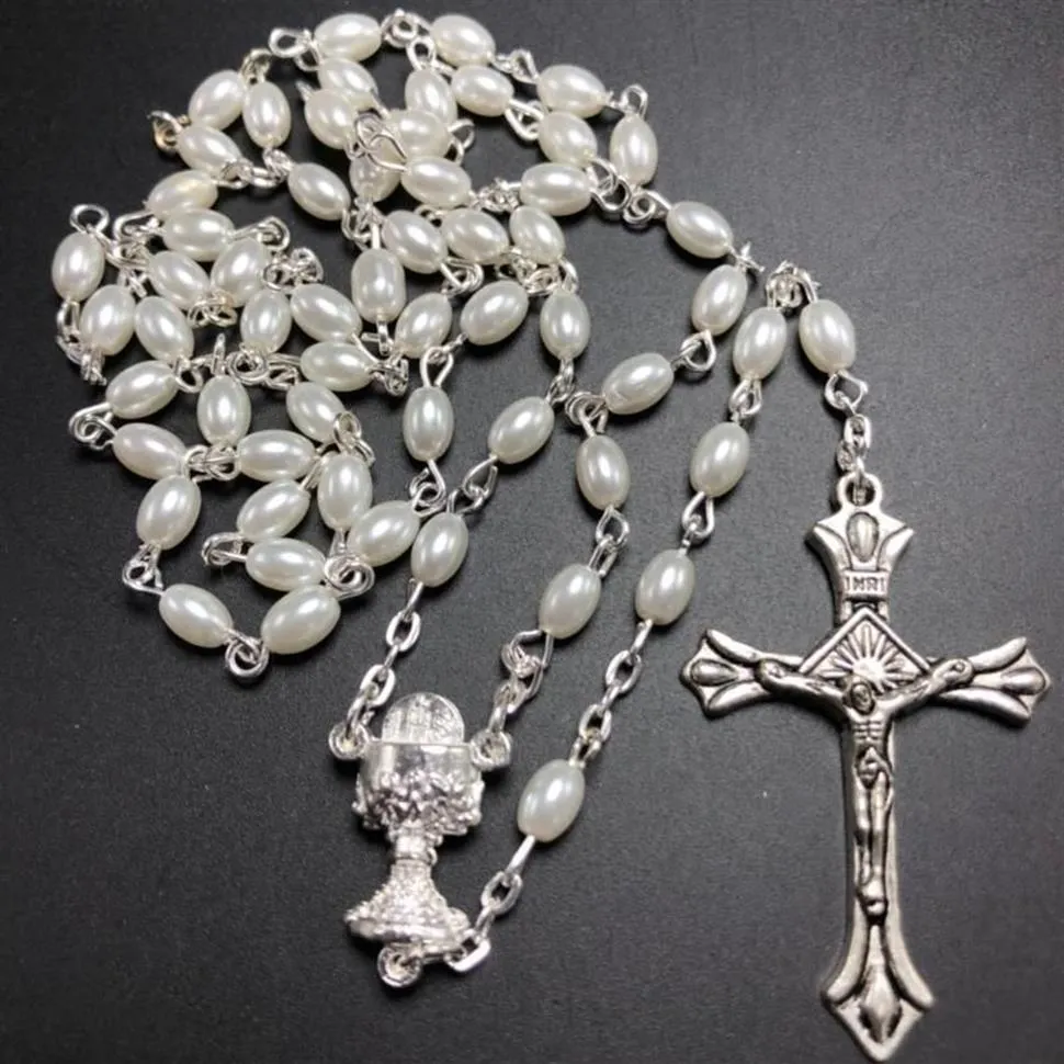 Collane con ciondolo 10 pezzi set Bianco 6 4mm Rosario di vetro Pera Perlina ovale Rosario cattolico Collana di perle carina Calice Center287i