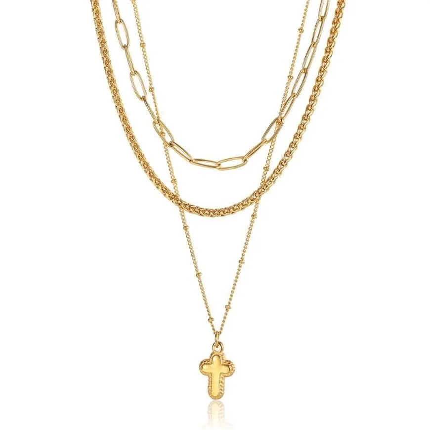 Łańcuchy Kobiety Naszyjnik Zestaw Staczek Warstwa Gold Kolor Stal Stael Stal Paper Clip Satelitarna Pszenica Łańcuch Link 3PCS Tiny Cross Charm LDN22358