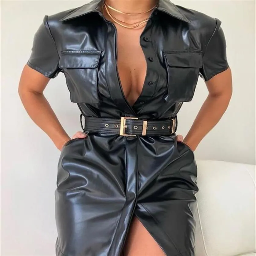 Casual Dresses Solid Pu Leather Dress Women Short Sleeve Turn Down Collar Shirt Sexy Belted Party Black Vestidos Mujer294h