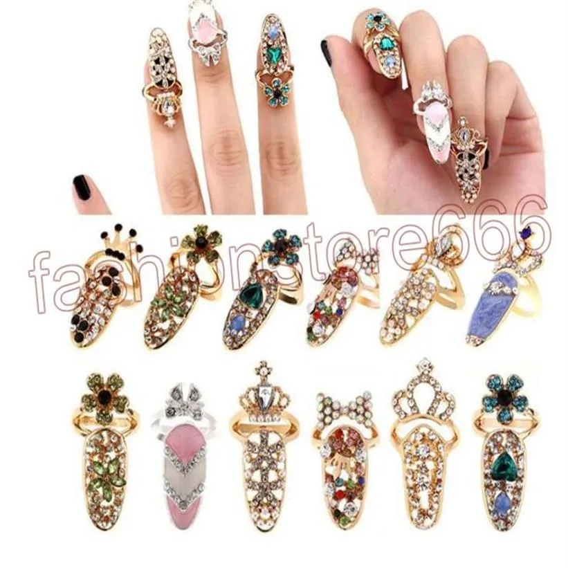 Moda Rhinestone lindo Bowknot dedo uña anillo encanto corona flor cristal mujer personalidad Nail Art Rings3043