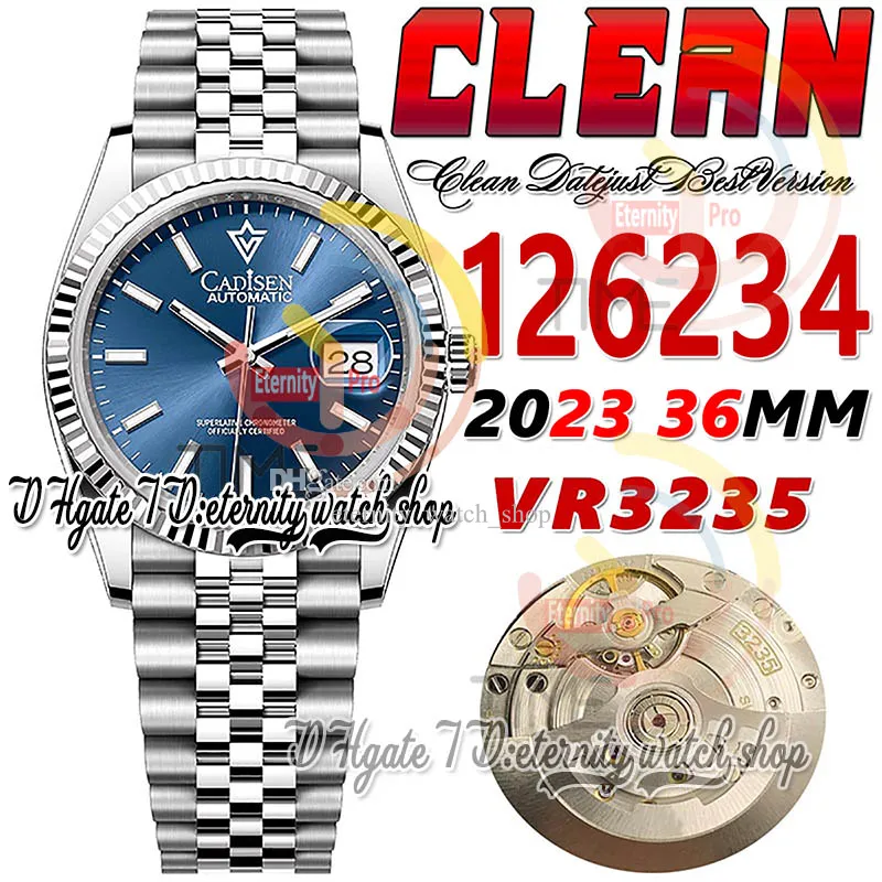 Clean CF 126234 VR3235 Montre automatique unisexe pour homme et femme, cadran bleu cannelé de 36 mm, marqueurs de bâton, bracelet en acier jubilé 904L, super édition eternitywatches