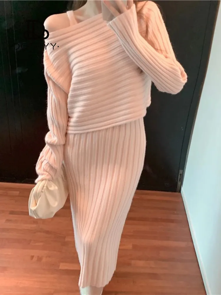 Платье из двух частей, сексуальные модные комплекты для элегантной версии средней длины, короткий свитер на бретельках, вязаные пуловеры, осень для женщин, 2 шт. 231016