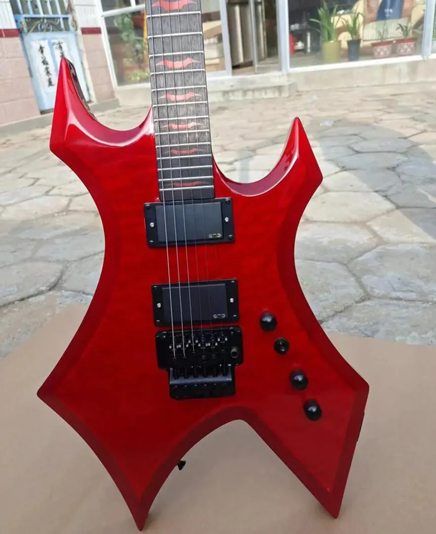 Rich Warlock Revenge Red Quilted Maple Top Electric Guitar Floyd Rose Tremolo China EMG 픽업 9V 배터리 박스 Whammy Bar Red Red Ray Black Hardware
