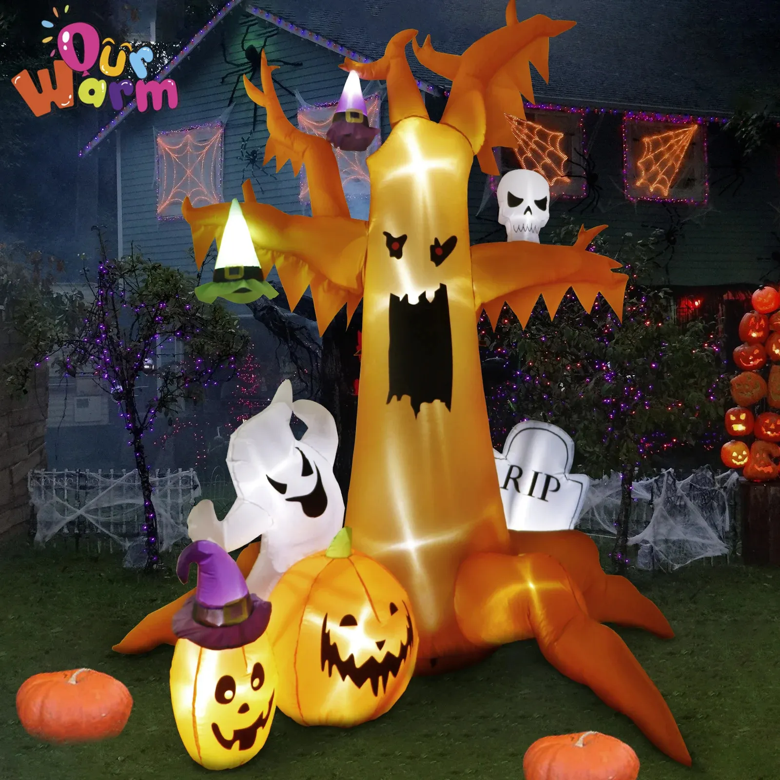 Halloween Toys Ourwarm 8ft Halloween Uppblåsbart Döda träd med Ghost Pumpkins gravsten LED -lampor Blow Up Decor Waterproof Outdoor Yard Toys 231016