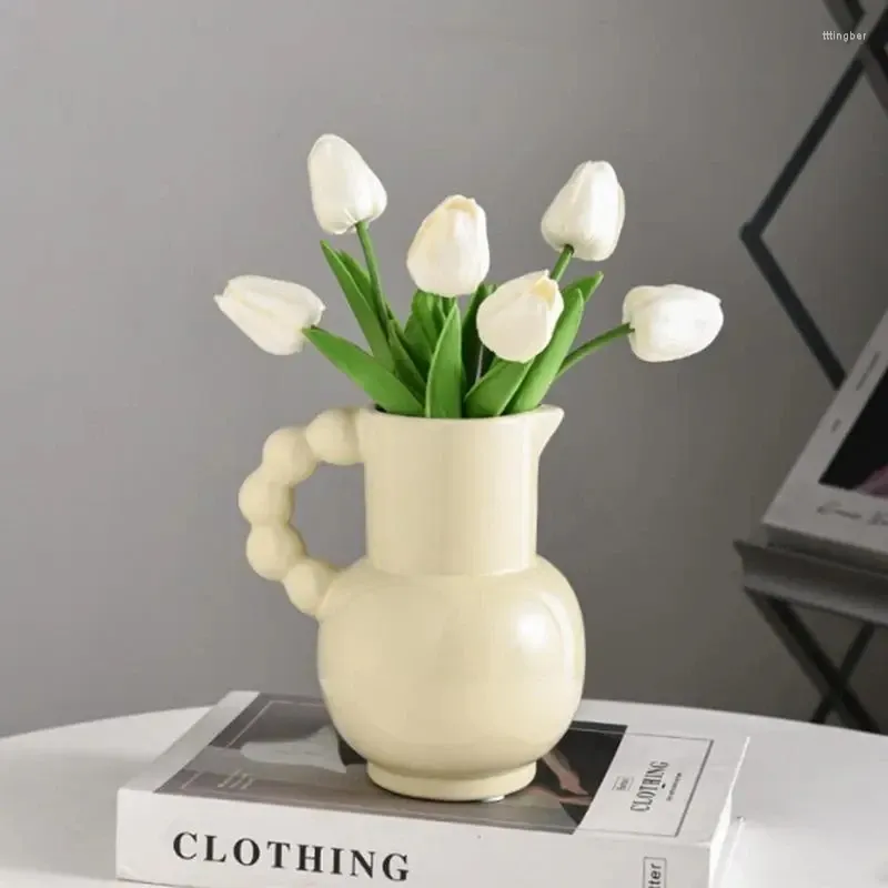 花瓶の陶器の水差しの花瓶花の白いピッチャーリビングルームの装飾棚棚贈り物キッチンのためのハンドル