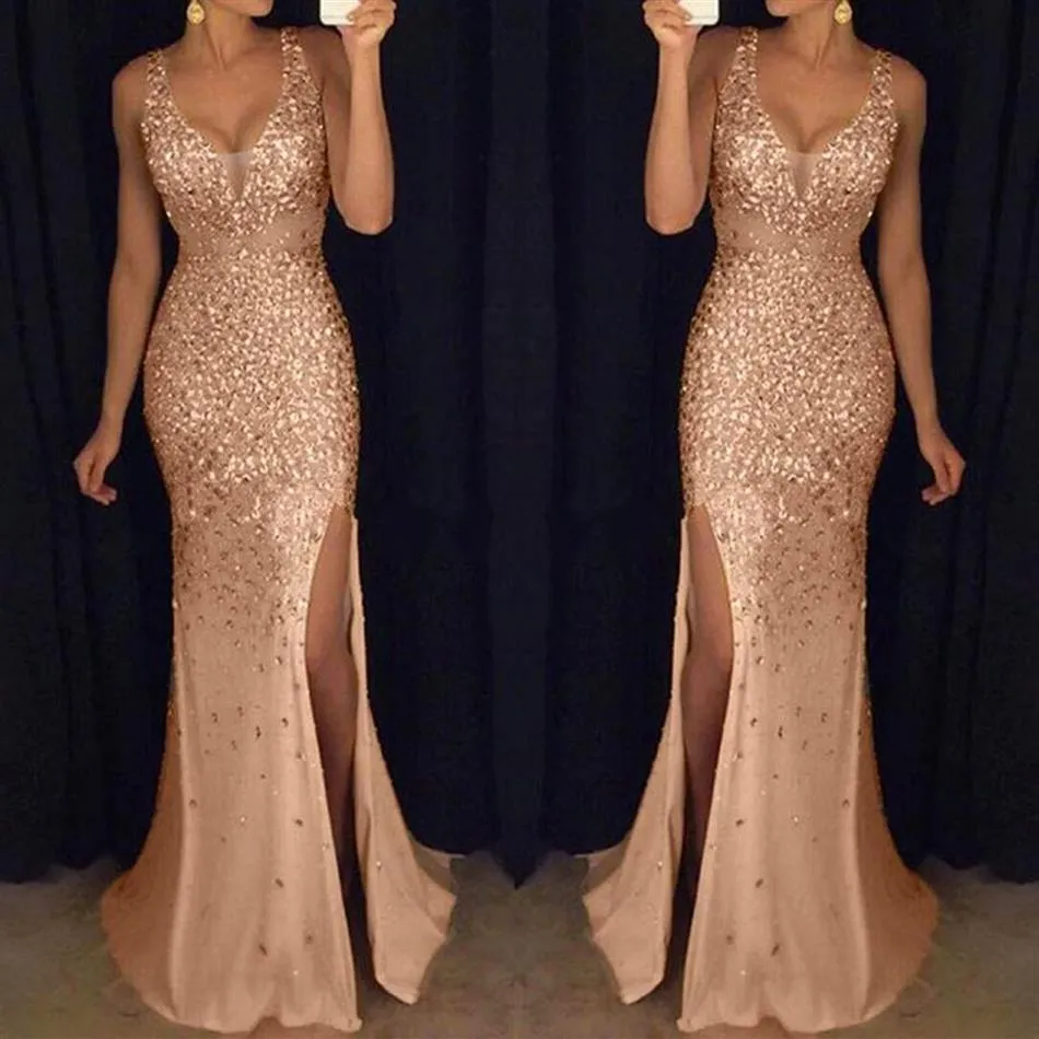 Party Nachtkleid Frauen Pailletten Prom Sexy Gold Kleider Brautjungfer V-Ausschnitt Langes elegantes Sommerkleid Robe Femme 20192555