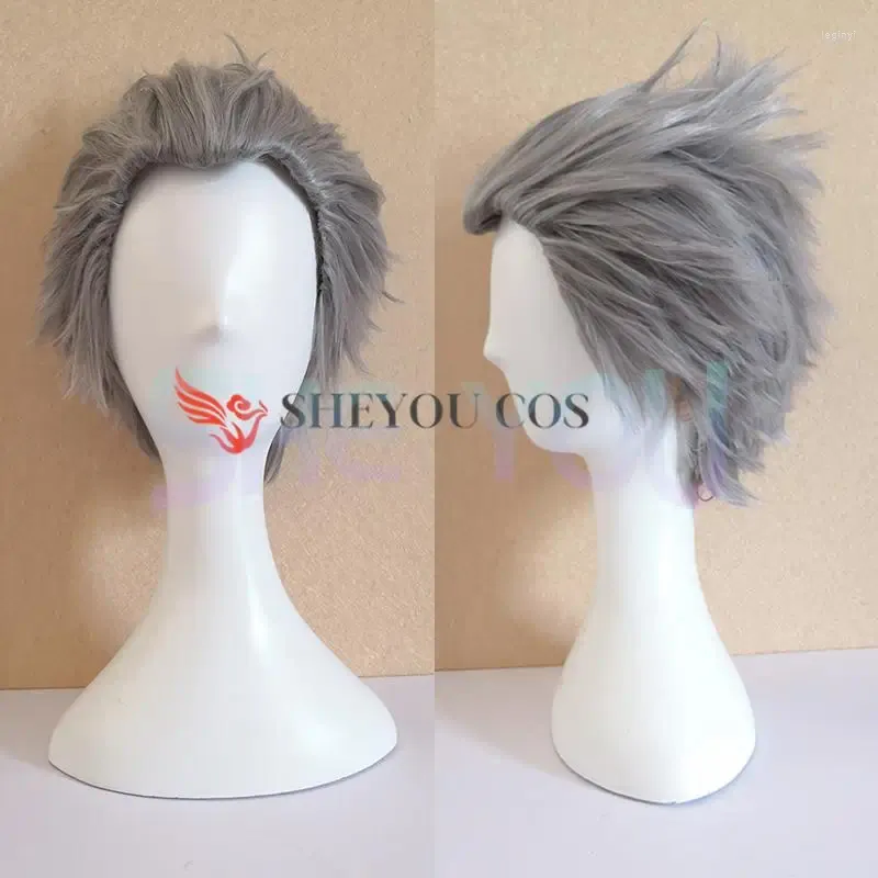 Perruques synthétiques courtes argentées Vergil de haute qualité, fournitures de fête, bonnet de perruque de Costume de Cosplay résistant à la chaleur