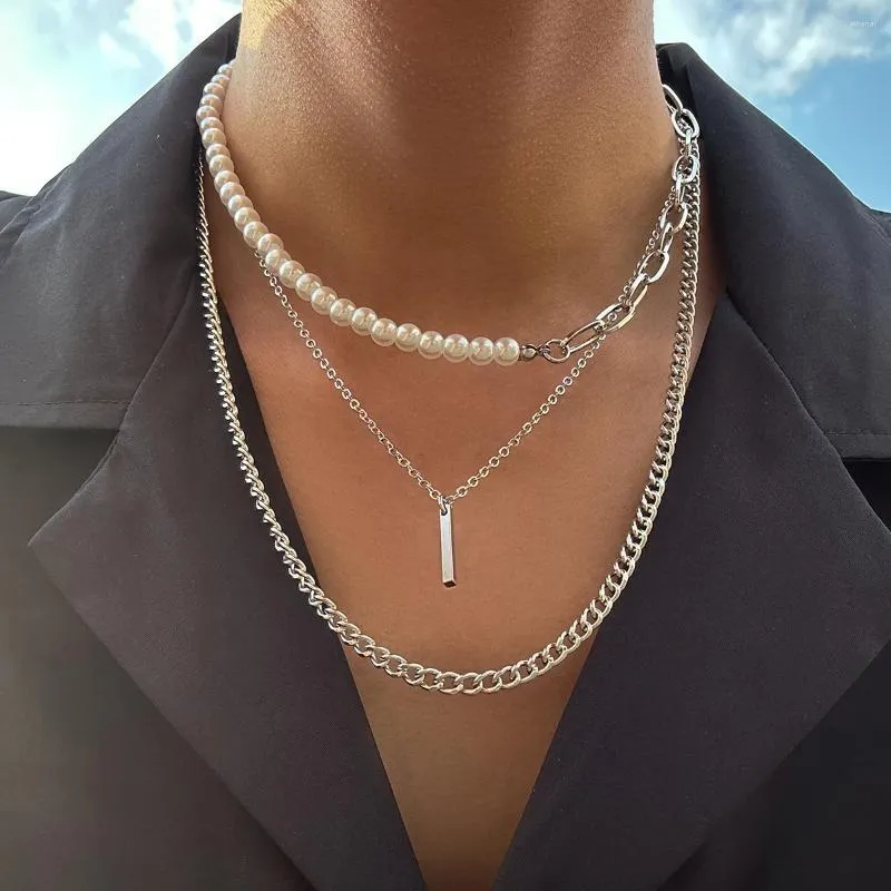 Pendant Necklaces KunJoe Classic Geometric Stick Necklace For Men Punk Half Imitation Pearl Cuban Link Chain Choker Party Jewelry