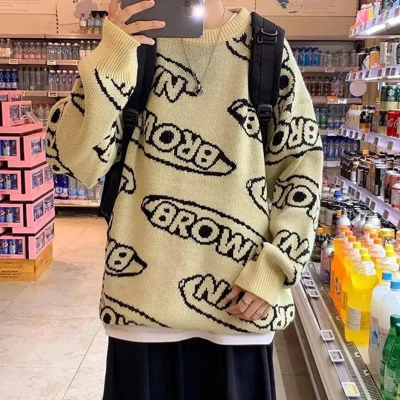 Kamizelki męskie Korea Fashion Fashion Swater okrągły szyi Koszulka Sweter Street Letter Printed Harajuku Tops workowate męskie pulovery