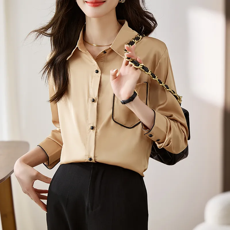 gold satin button up