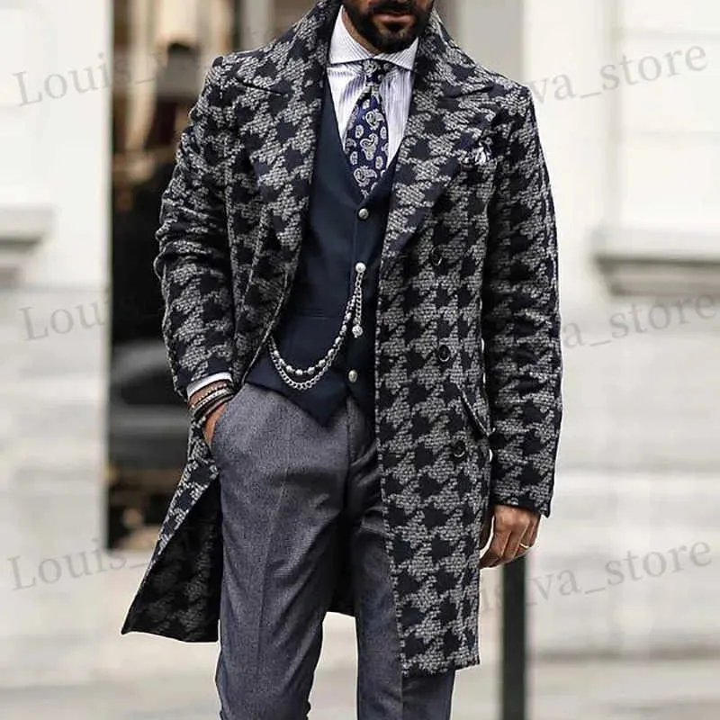 Misto lana da uomo Cappotto moda retrò Autunno Inverno Giubbotti Trench di media lunghezza Misto lana Colletto Cappotto moda Uomo Trench stampato T231016