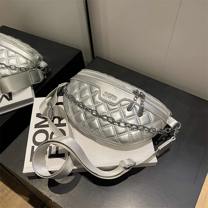 Waist Bag Y2K Crossbody Fashion Chain Sling Chest Pack Simple Casual Portable Quilted Embroidery Belt Silver Bag 231013