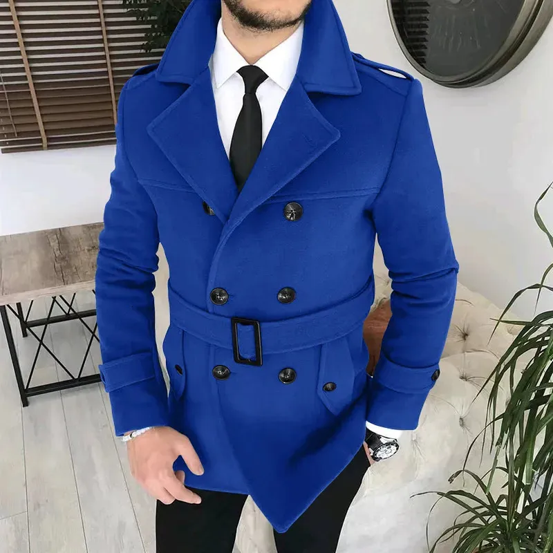 Double Row Button Woolen Trench Coat With Belt For Men Double Row Button Woolen Trench Coat With Belt For Men