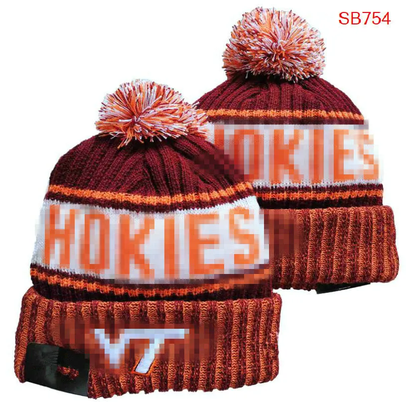 Cappellini da uomo Cappelli NCAA Tutte le 32 squadre Lavorato a maglia con risvolto Pom Tech Hokies Berretti a righe Linea laterale Lana calda USA College Sport Cappello lavorato a maglia Berretto da hockey Per donna a3