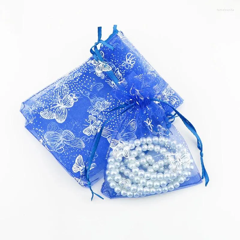 Pochettes à bijoux 200 pièces/lot, sac en Organza bleu Royal, sacs cadeaux 7x9cm, petit emballage de charme, pochette à motif papillon