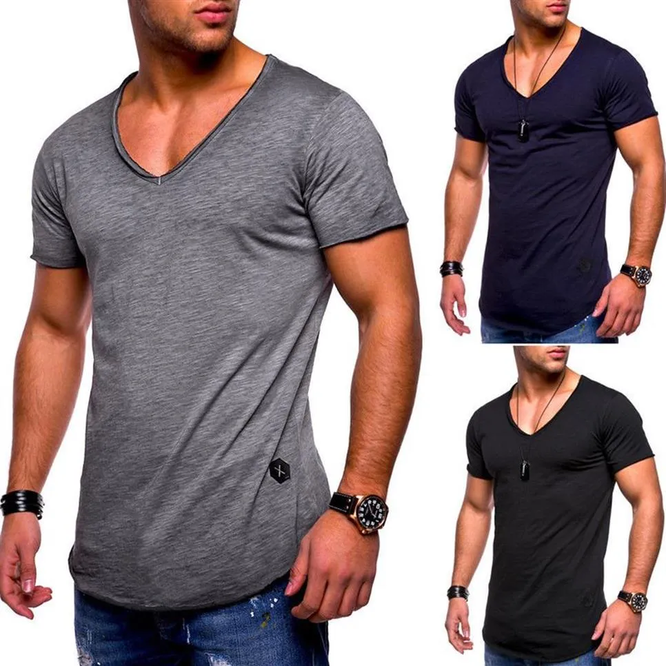Новая модная мужская летняя футболка с v-образным вырезом, повседневный топ High Street, однотонный стильный хлопковый топ, футболка для мужчин224O