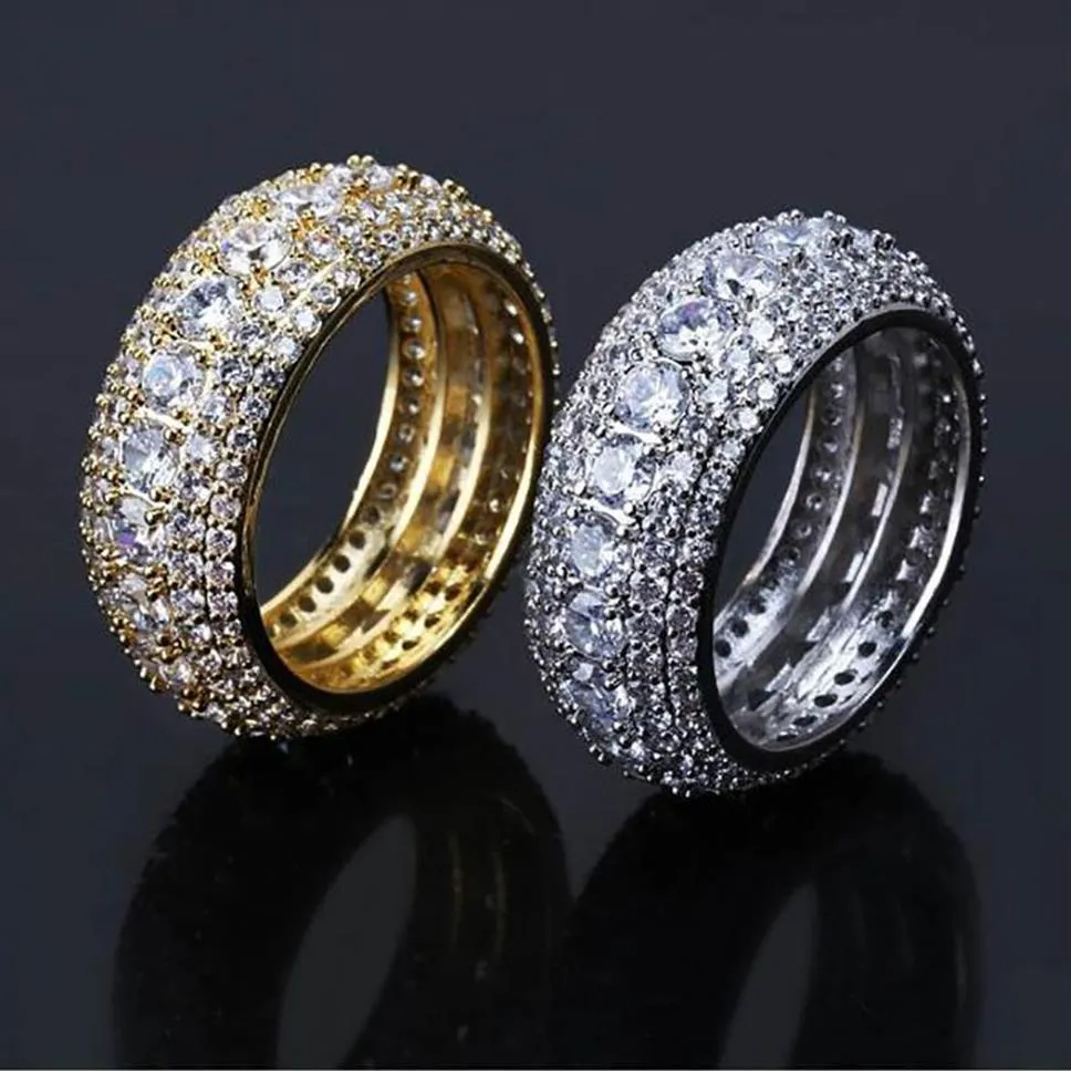 Bagues pour hommes Bling Royal 360 Eternity Gold Silver CZ 5 rangées de zircones cubiques Micro Pave 18K plaqué or jaune diamants Hip Hop Ring247m