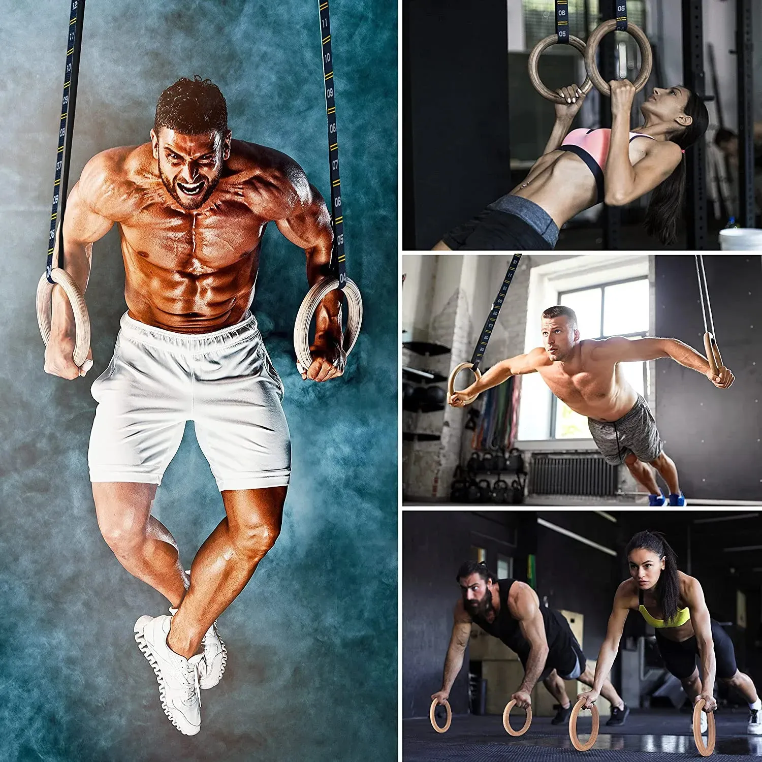 Wooden Gym Rings with Adjustable Straps - Ideal for Home Gym, Pull Ups ...
