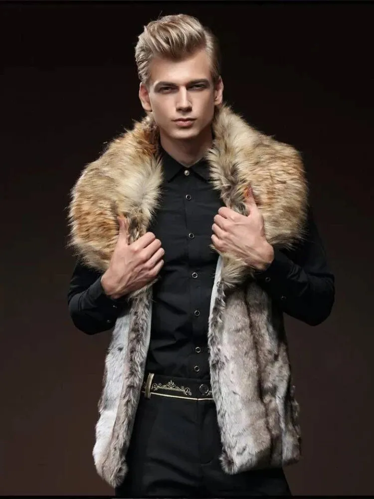 Men's Leather Faux Fur Vest Slim Fit Lapel Big Collar Short Waistcoat Men Jacket Brown Winter Warm Coat 231016