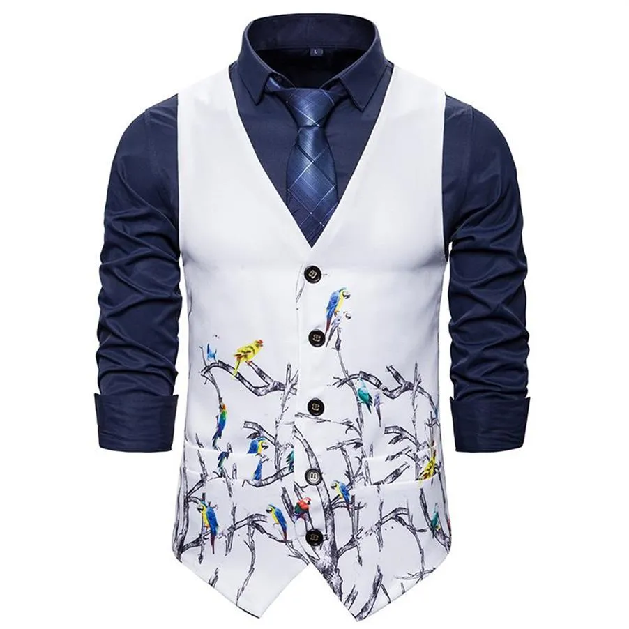 Gilet sans manches pour hommes, coupe cintrée, imprimé Floral, oiseau blanc, gilet d'affaires, Social, costume de smoking de mariage, 241S