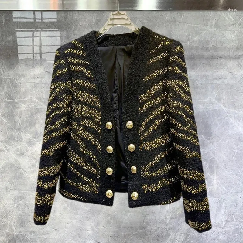 Women's Jackets High Quality Autumn 2023 Black Gold Contrast Heavy Industry Rivet Short Coat Duty Jacket