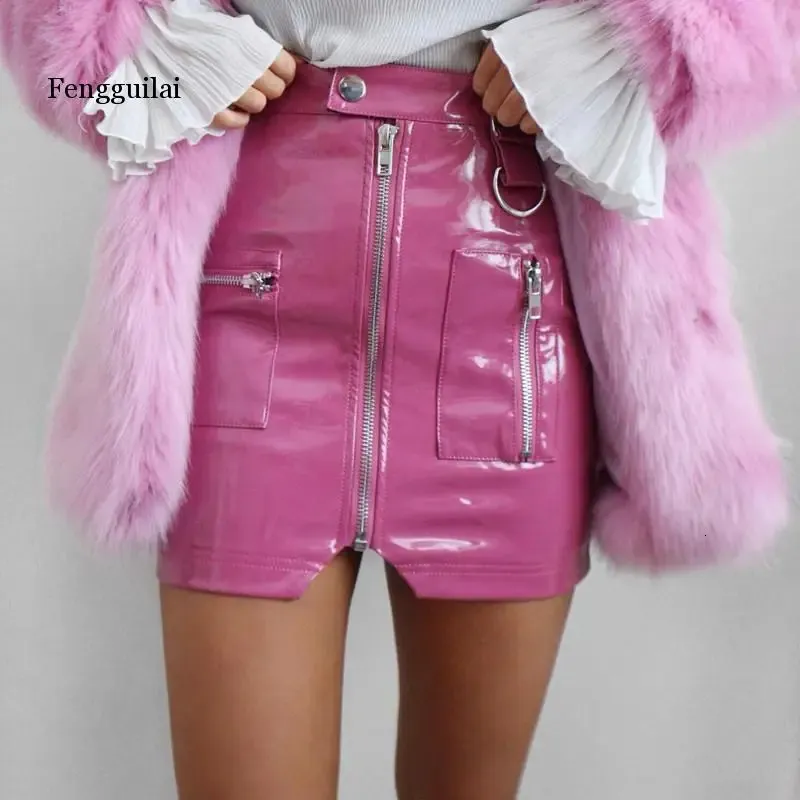 Skirts Sexy Club Outfit Mini Skirt PU Leather PVC High Waist Zipper Pocket Package Hip Shorts Female Streetwear Party Pink Black 231016