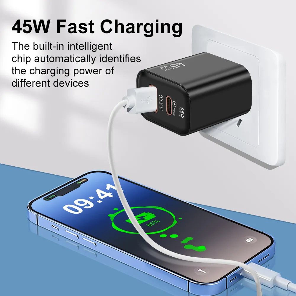 Gan Fast Charge 2 Ports Phone Chargers 45W 빠른 충전기 어댑터 USB-C PD 20W 25W Type-C 충전기 QC3.0 빠른 충전 iPhone 15 14 13 12 Samsung Xiaomi
